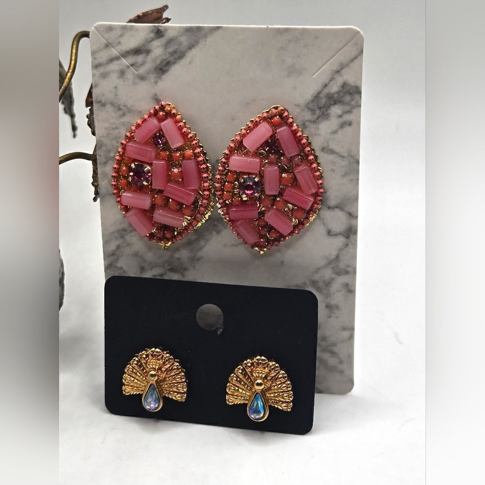 "5/$40" 2 Pairs Costume Earrings Beaded Peach/Gold  Blue Rhinestone Peacock Post